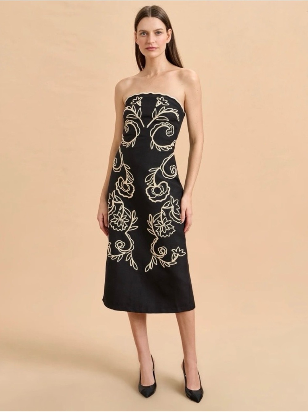 La Ligne Black Strapless Midi Dress with Cream Floral Embroidery